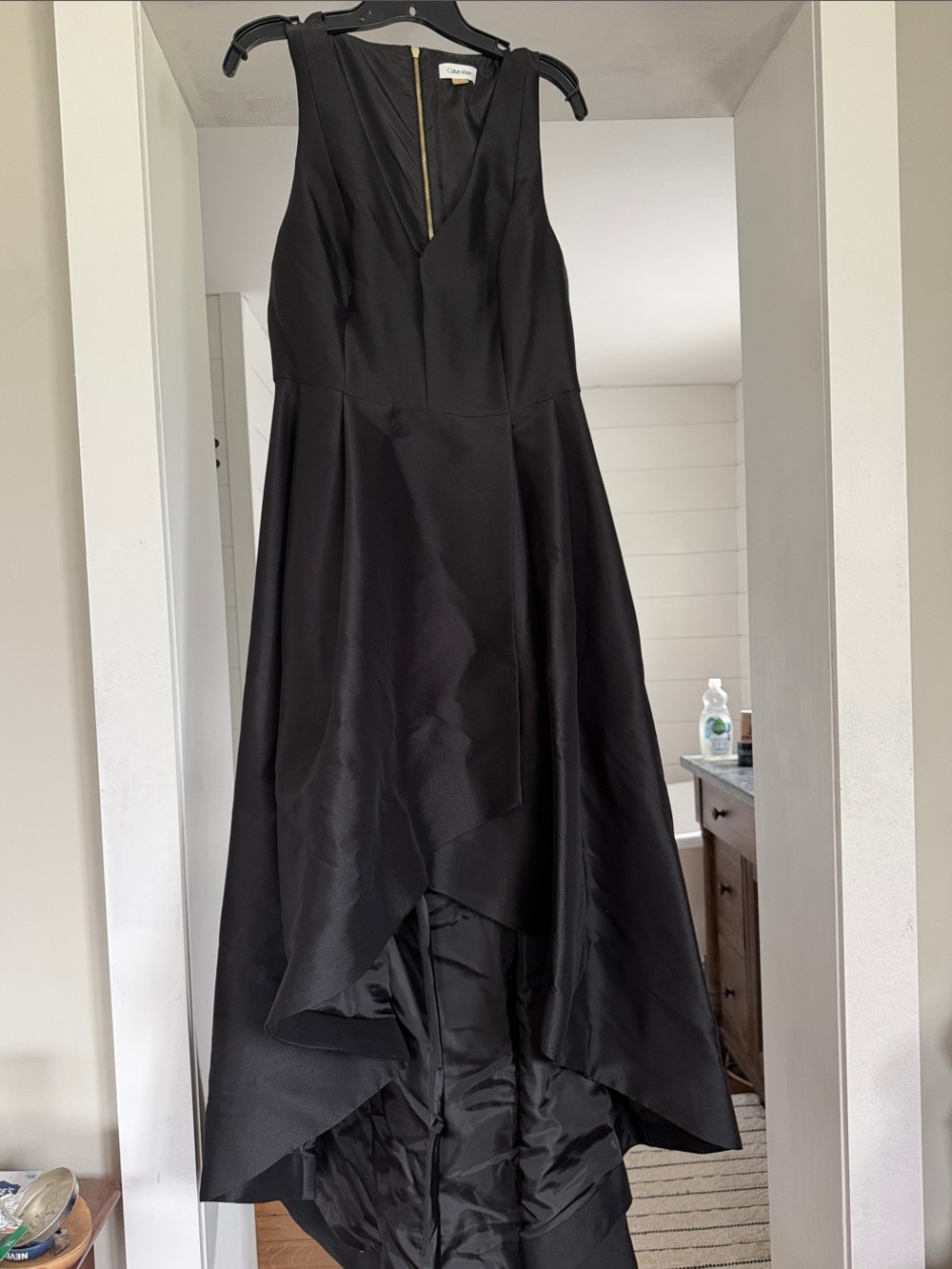 Calvin Klein Black Satin High-Low V-Neck Evening Gown